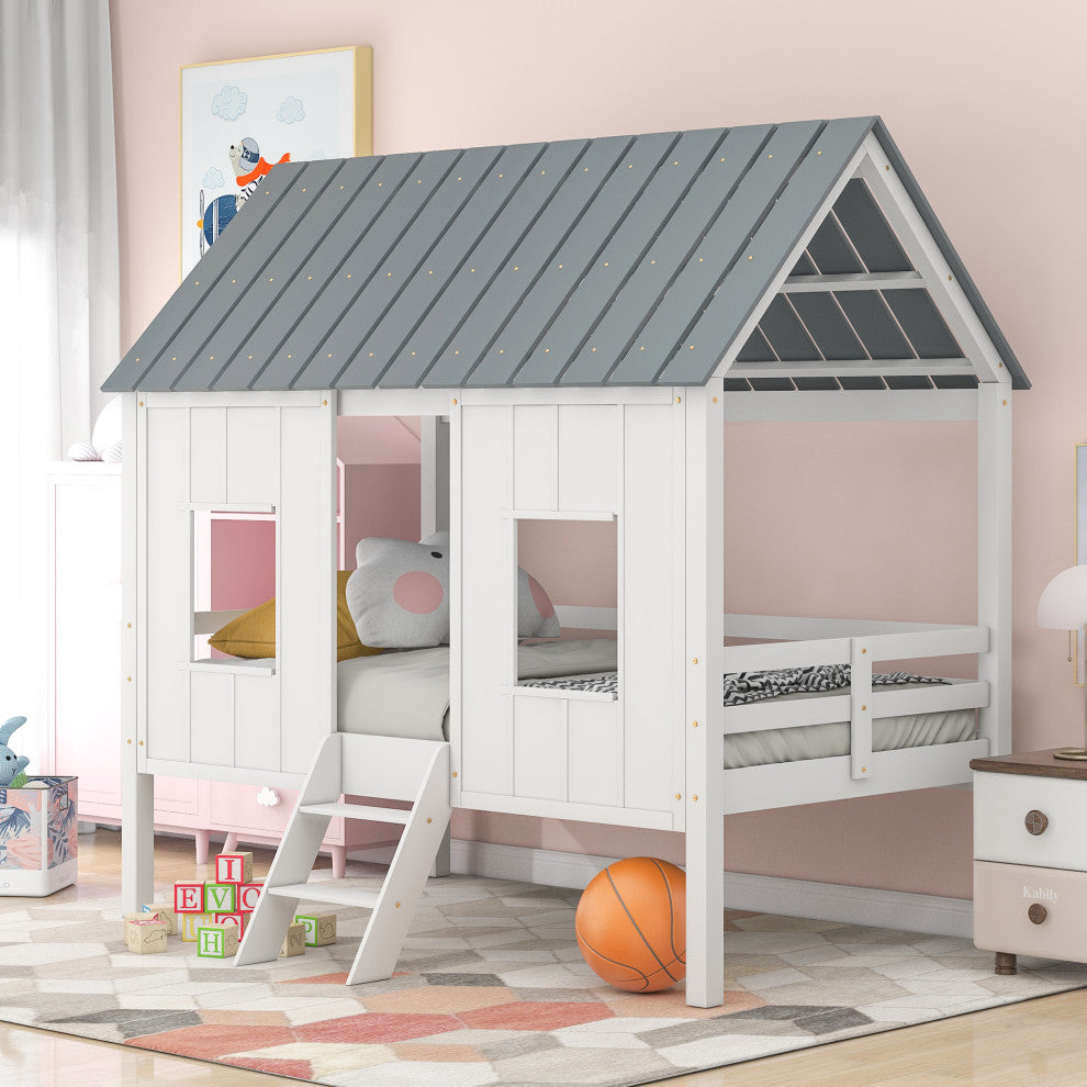 Gewnee Twin Size Low Loft House Bed with Roof and Two Front Windows in White
