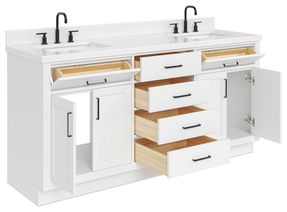 Ariel Hepburn 72" Double Rectangle Sinks Vanity, Carrara Quartz, White