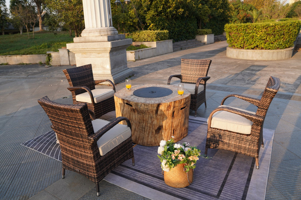 Patio Wood Coating Propane Fire Pit Table with Cushioned Chairs, Round-1