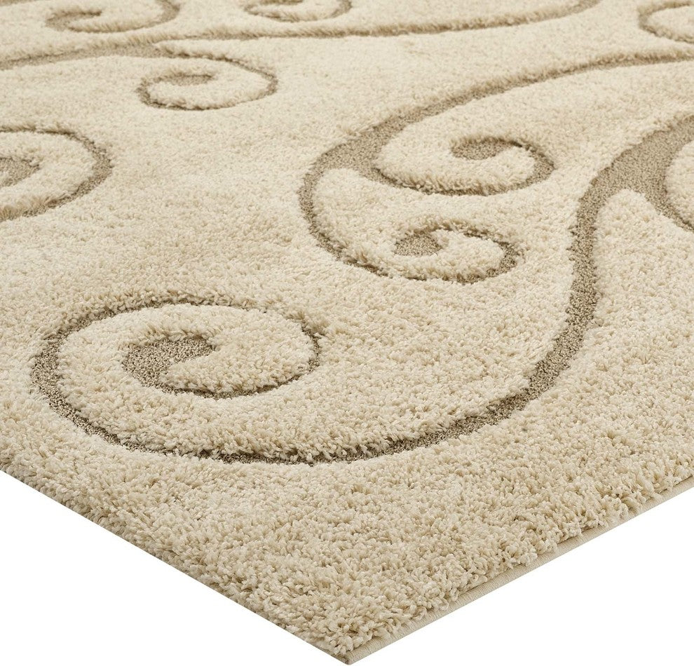 Creame and Beige Jubilant Sprout Scrolling Vine 5x8 Shag Area Rug