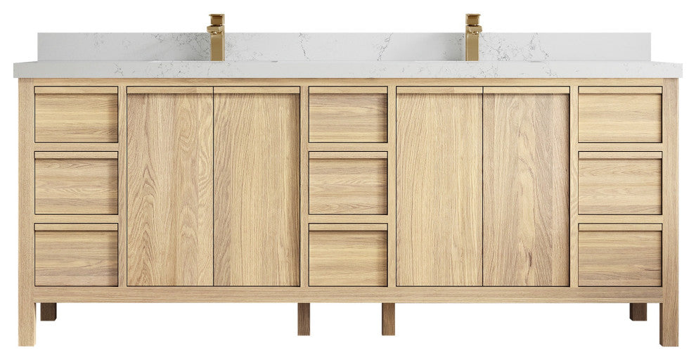 Elizabeth Oak 84" Double Sink Vanity, White 2" Empira Quartz