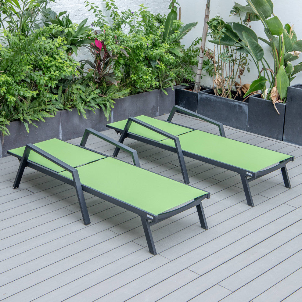 LeisureMod Marlin Outdoor Patio Stackable Chaise Lounge Chair with Arms Set of 2, Green