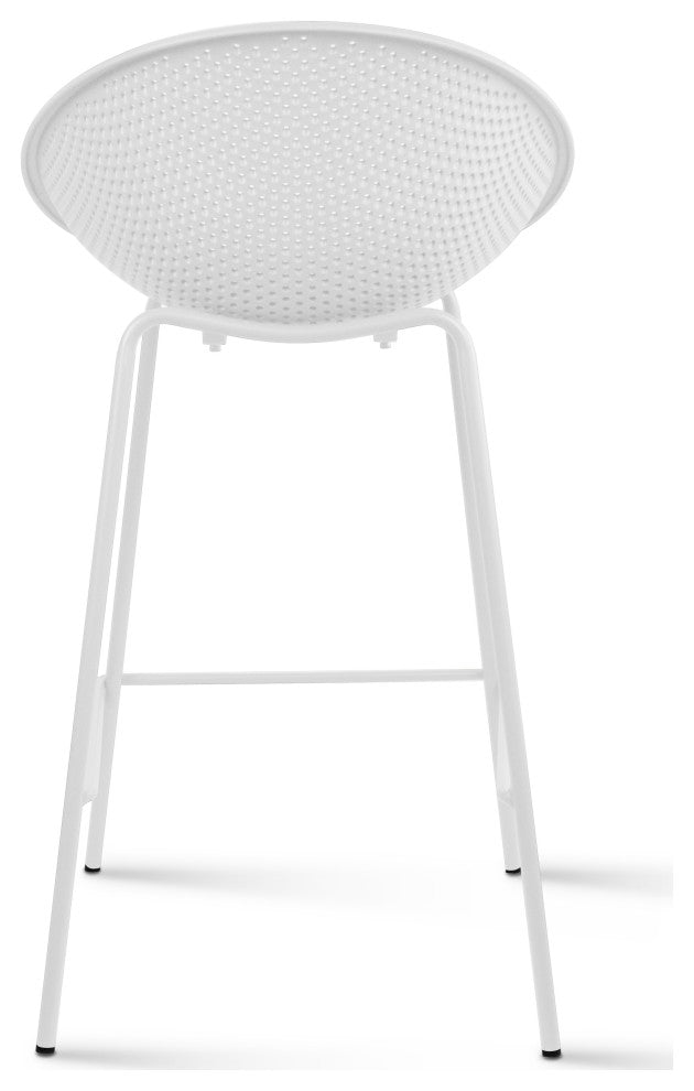 Set of 2 Modern Counter Stools with Perforated Low Back and Metal Frame, 25.5", White