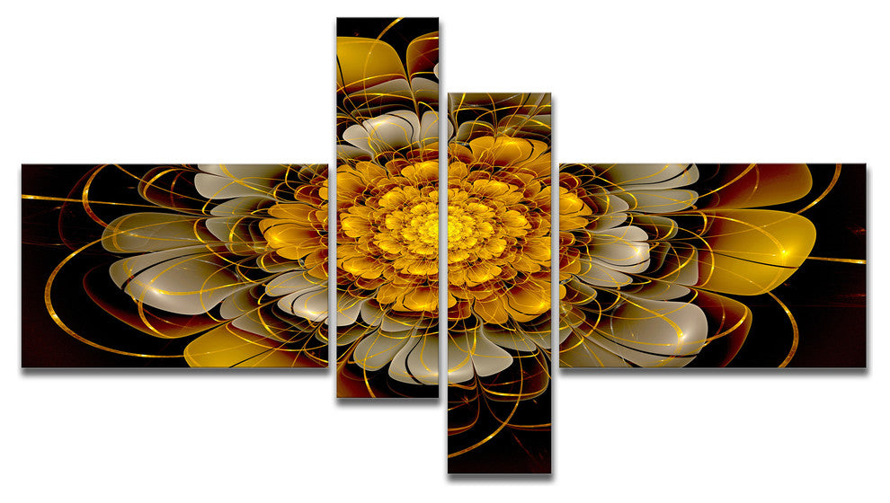 Dark Gold Fractal Flower, Abstract Print On Canvas, 60"x32", 4 panels
