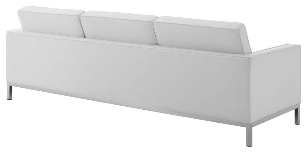 Tufted Armchair and Loveseat Sofa Set, Faux Leather, Silver White, Modern