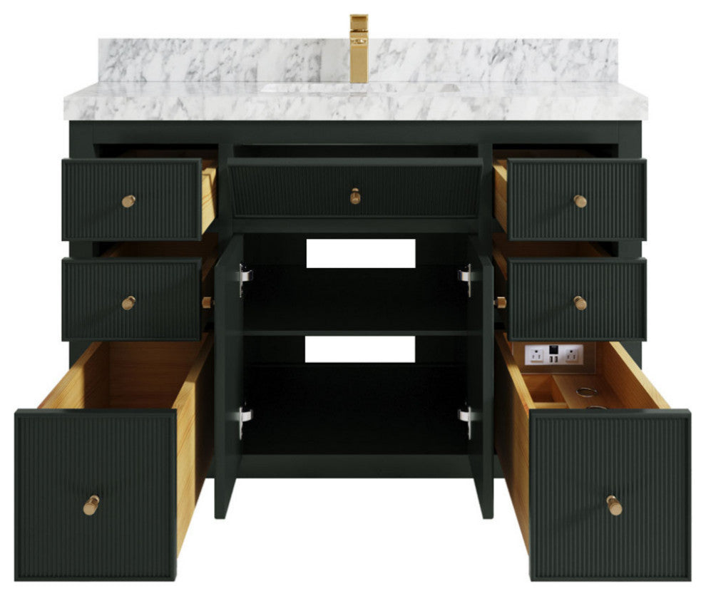 Sonoma 48 Single Sink Reeded Bath Vanity in Dark Forest Green 2" Carrara Marble