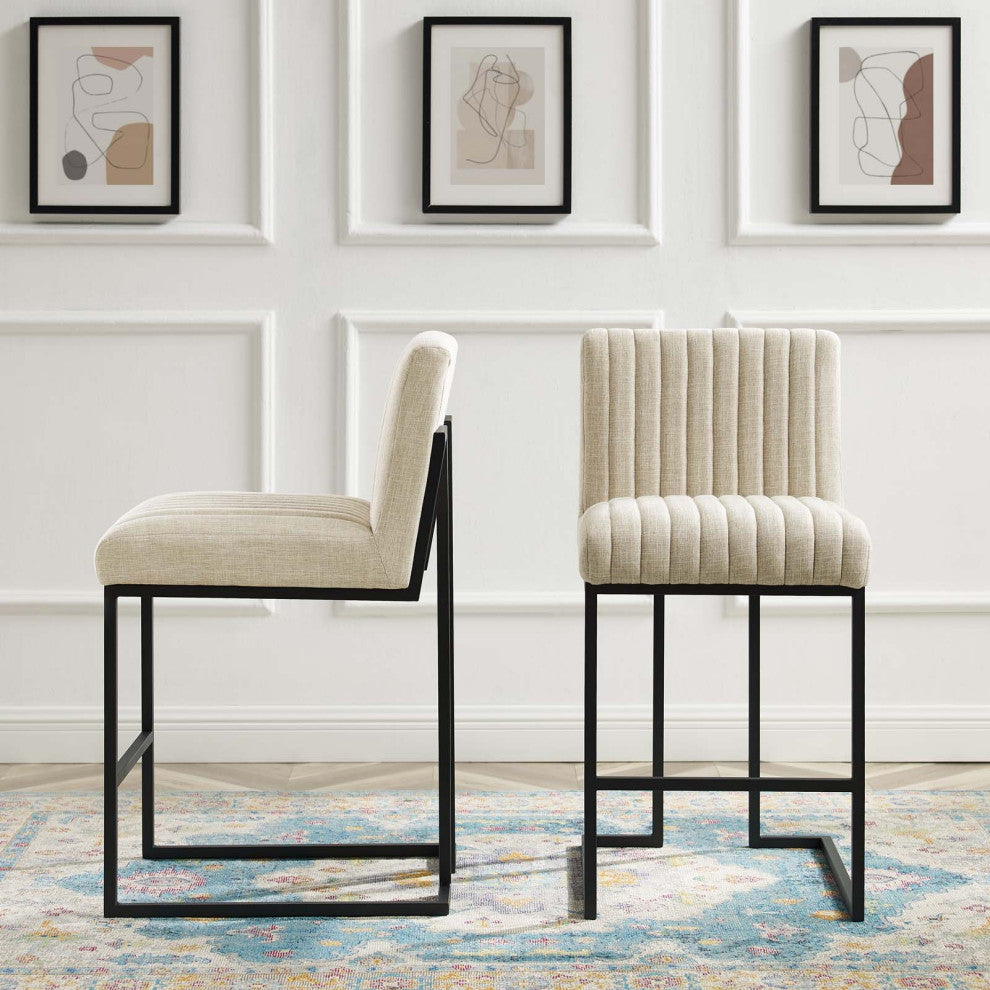 Tufted Counter Stool Chair, Set of 2, Fabric, Metal, Beige, Modern, Bar Pub