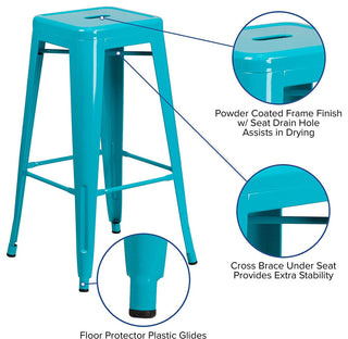 Set of 4 Stackable Bar Stool, Backless Metal Seat, Crystal Teal Blue