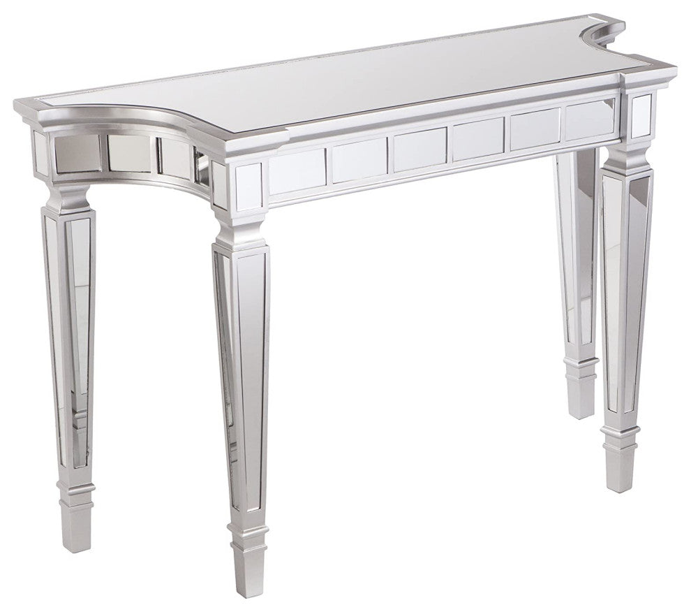 Mirrored Console Table, Elegant Tapered Legs and Beveled Top, Matte Silver