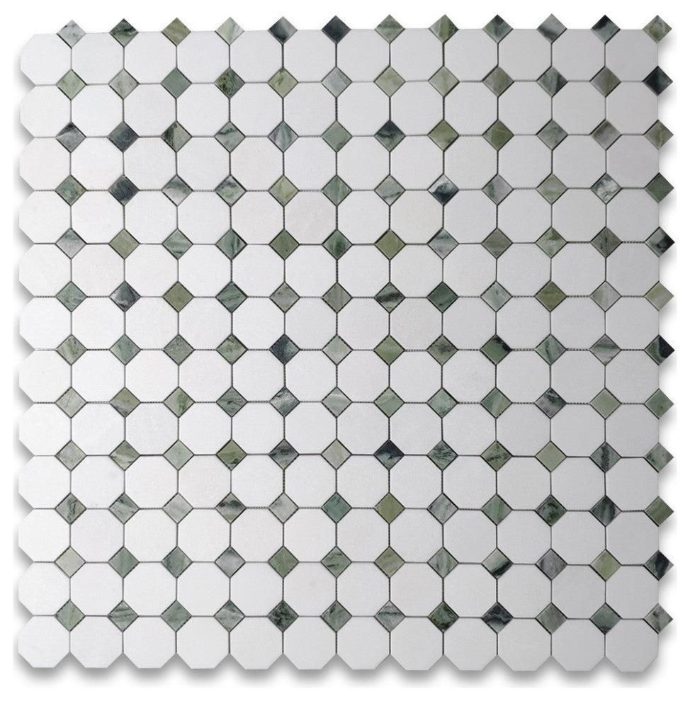 Thassos White Marble Octagon Mosaic Tile Sagano Green Dots Honed, 1 sheet