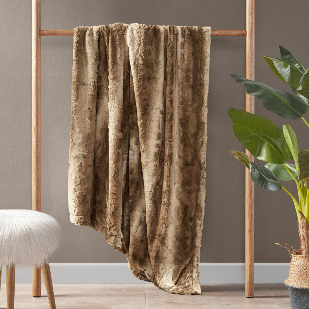 Madison Park Faux Tip Dyed Brushed Long Fur Throw, Tan