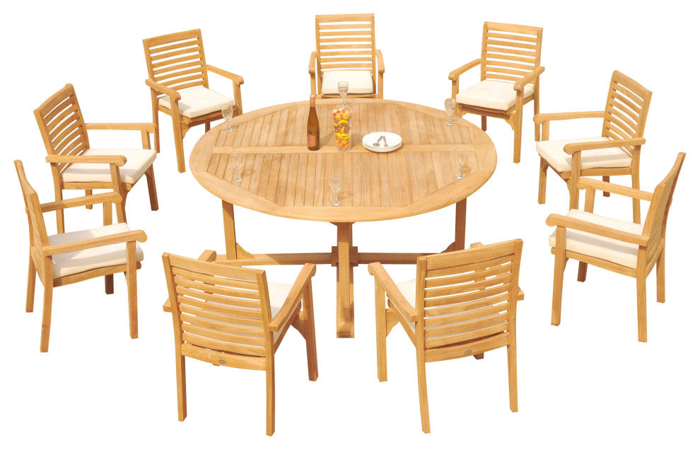 10-Piece Outdoor Teak Dining Set: 72" Round Table, 9 Hari Stacking Arm Chairs
