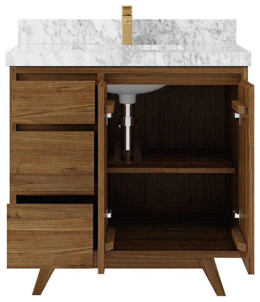 Madison Teak 36 Center Sink Bath Vanity in Dark Natural 2" Carrara Marble