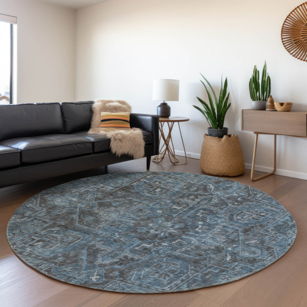 Premium Machine Washable Mayfield AMF571 Navy 8' x 8' Round Rug
