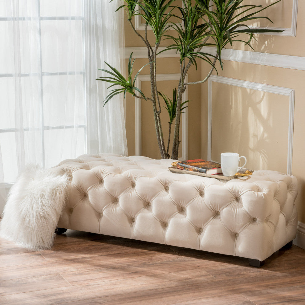 GDF Studio Provence TModern Glam Tufted Velvet Ottoman Bench, Cream