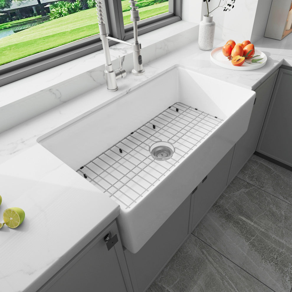 Sinber Farmhouse Apron Single Bowl Kitchen Sink with Fireclay 2 Accessories, White, 36" X 20"