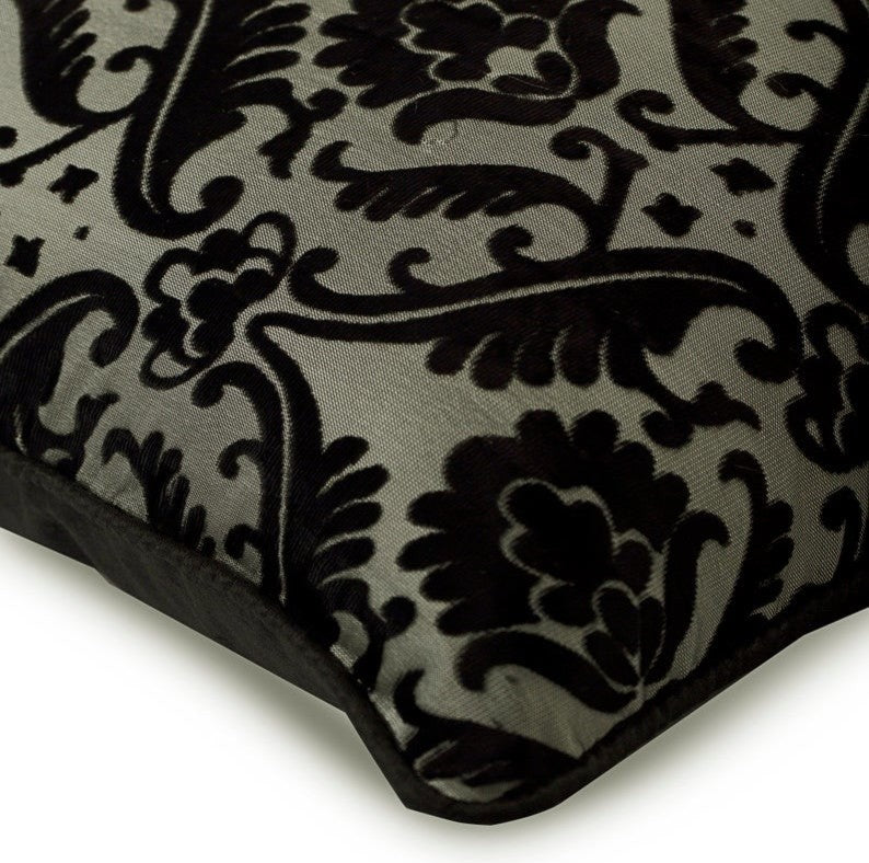 Black & Grey Fabric Burnout Velvet 20"x20" Pillow Cover, Victorian Black