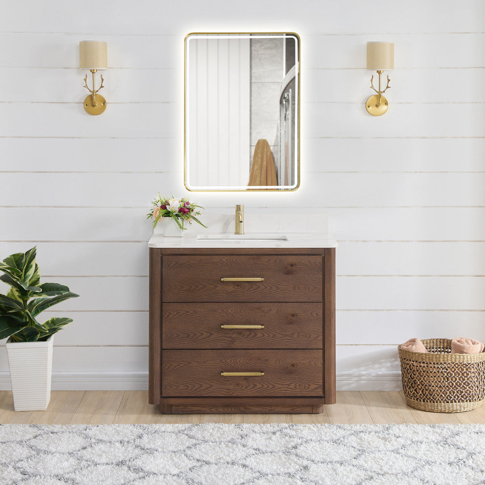 Porto Bath Vanity with White Quartz Stone Top, Dark Brown Oak, 36 in., No Mirror