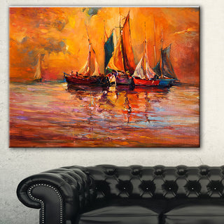 "Boats and Ocean in Red" Canvas Print