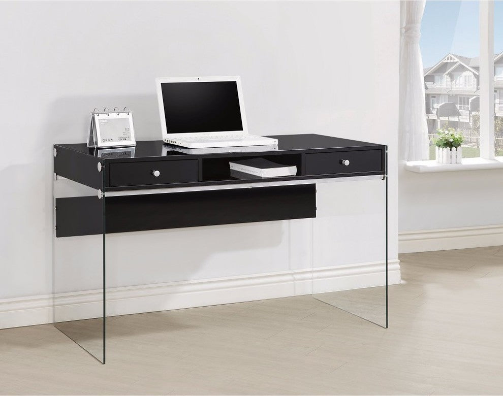 Benzara BM159096 Elegant Metal Writing Desk with Glass Sides, Clear and Black
