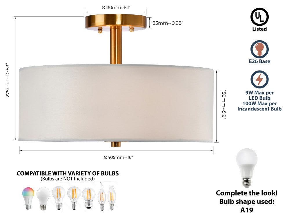 Lazzur Herault 3 Light 16" Brushed Gold Semi-Flush Mount Ceiling Light