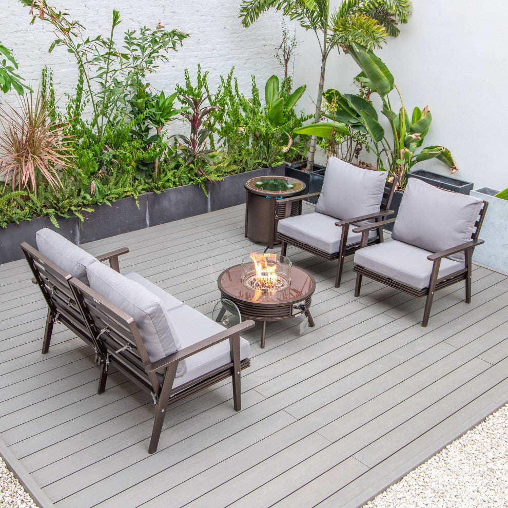 LeisureMod Walbrooke Patio Conversation Set With Fire Pit Table, Grey