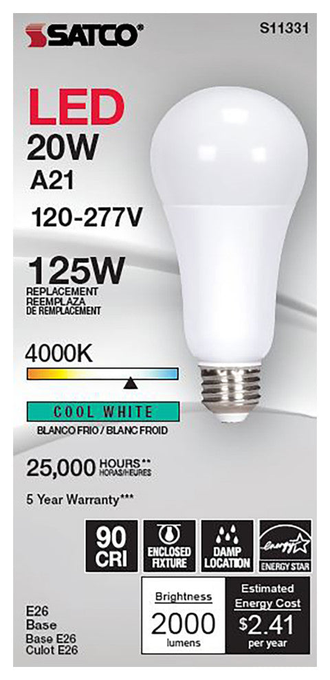 20W, A21 LED, 4000K, Medium Base, 220 deg. Beam Angle, 120-277V