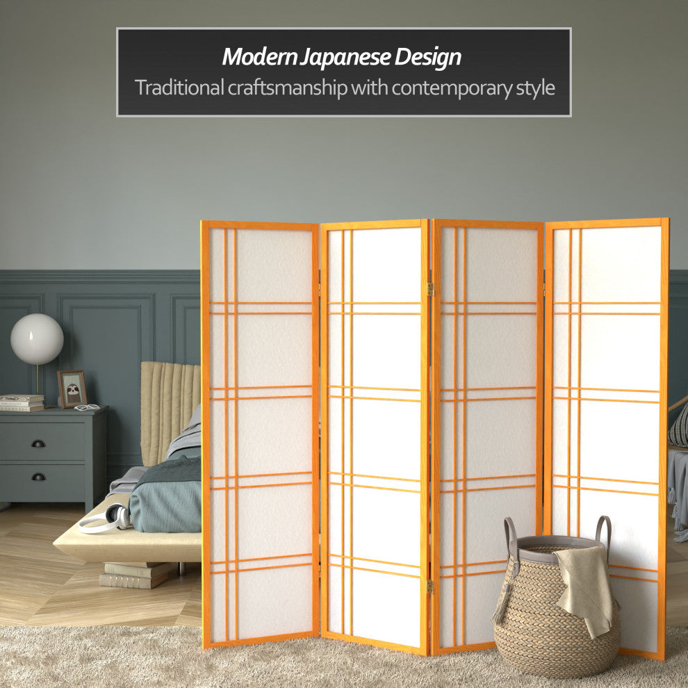 5' Tall Double Cross Shoji Screen, Honey, 4 Panels
