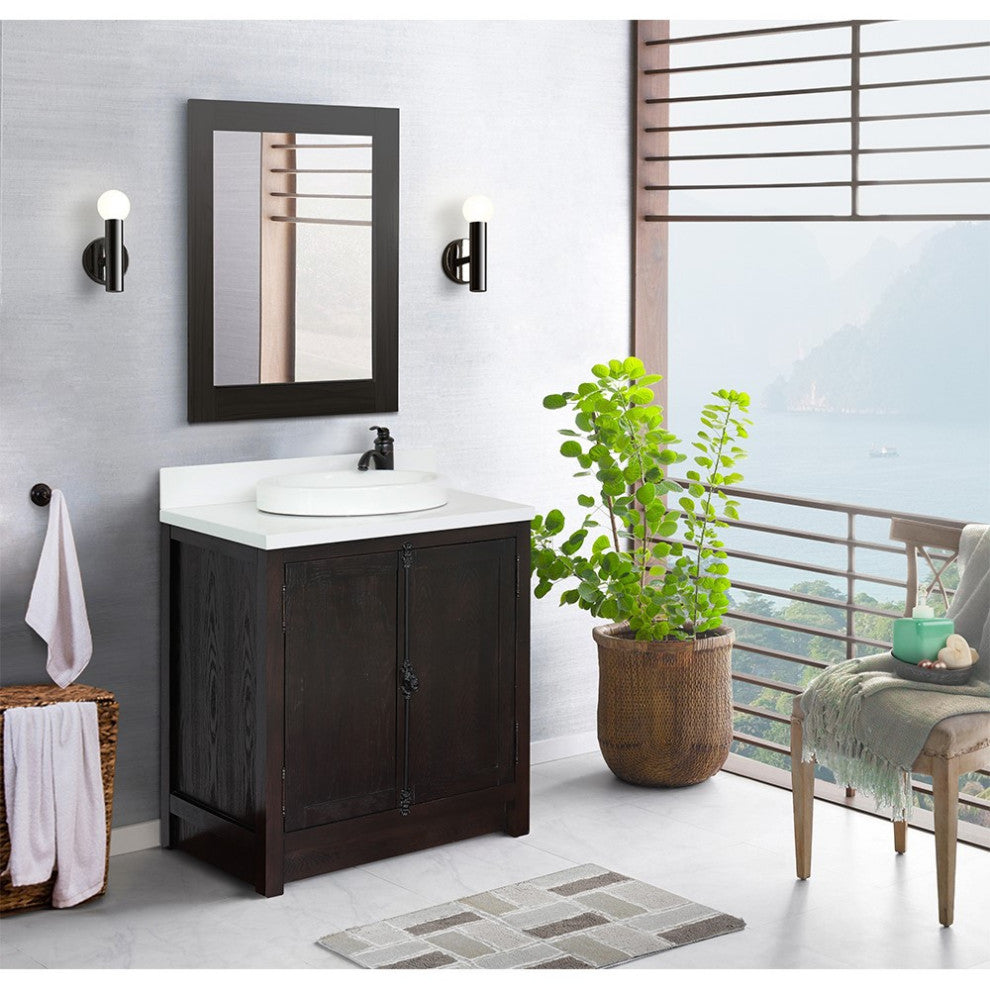 30" Single Vanity, Brown Ash, White Engineered Stone Top, Round