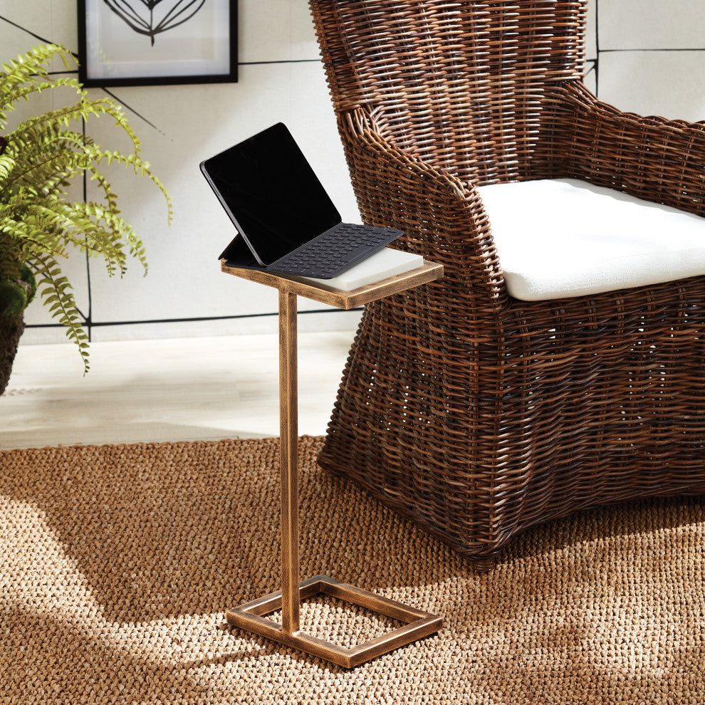 Petite Minimalist Bronze White Accent Table Cantilever Pull Up Marble Metal Gold