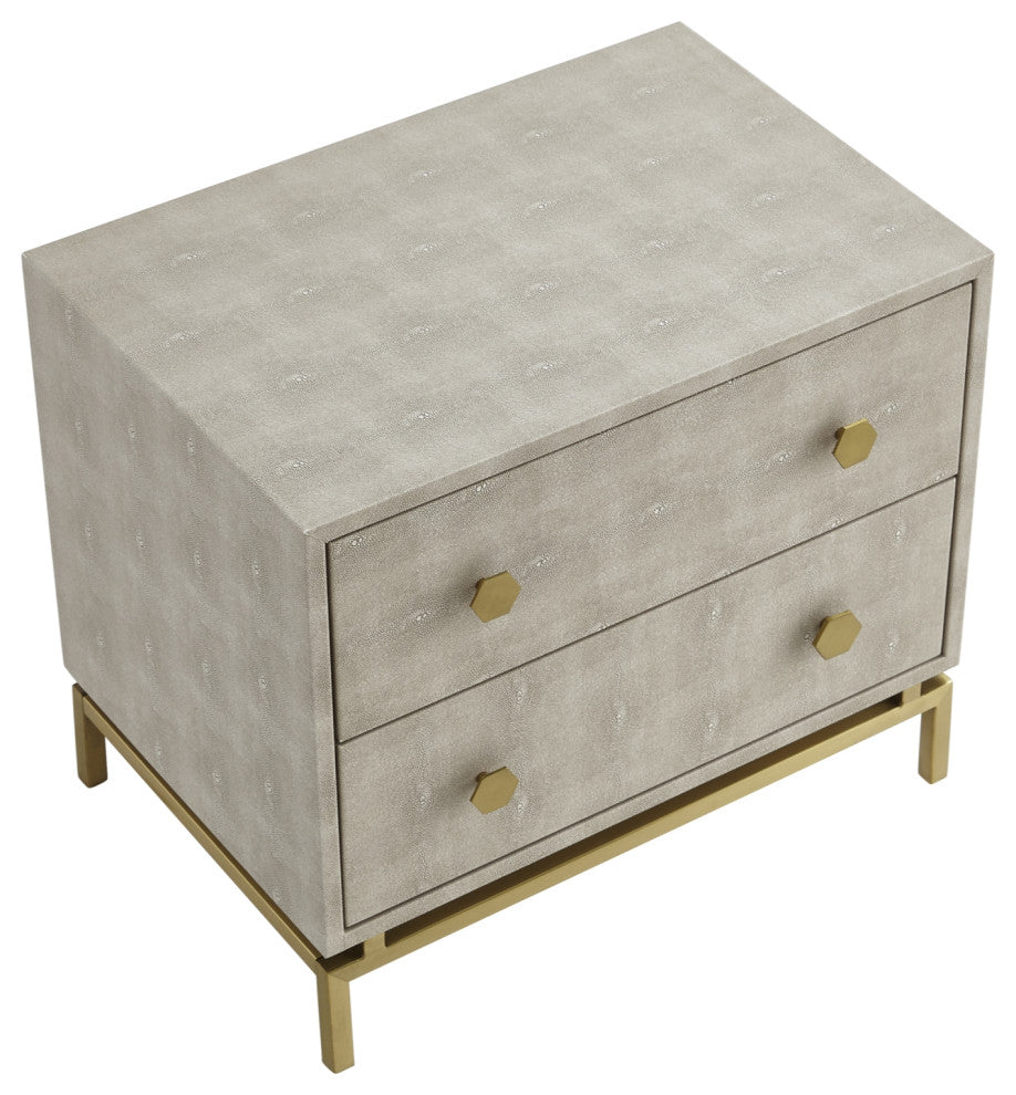 Nicole Miller Aharon Side Table, 2 Drawers, Faux Shagreen, Cream White/Gold