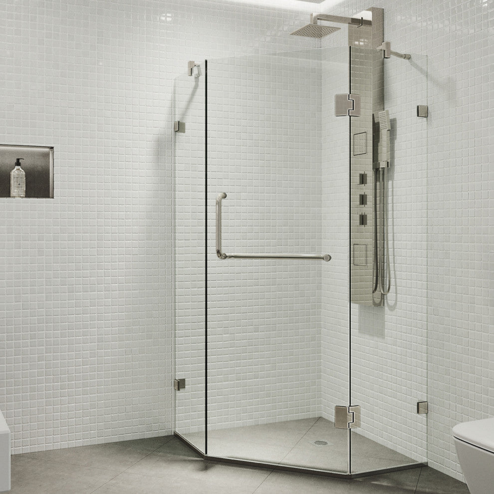VIGO Piedmont Frameless Hinged Neo-Angle Shower Enclosure, Brushed Nickel, 38" D X 38" W, Without Base