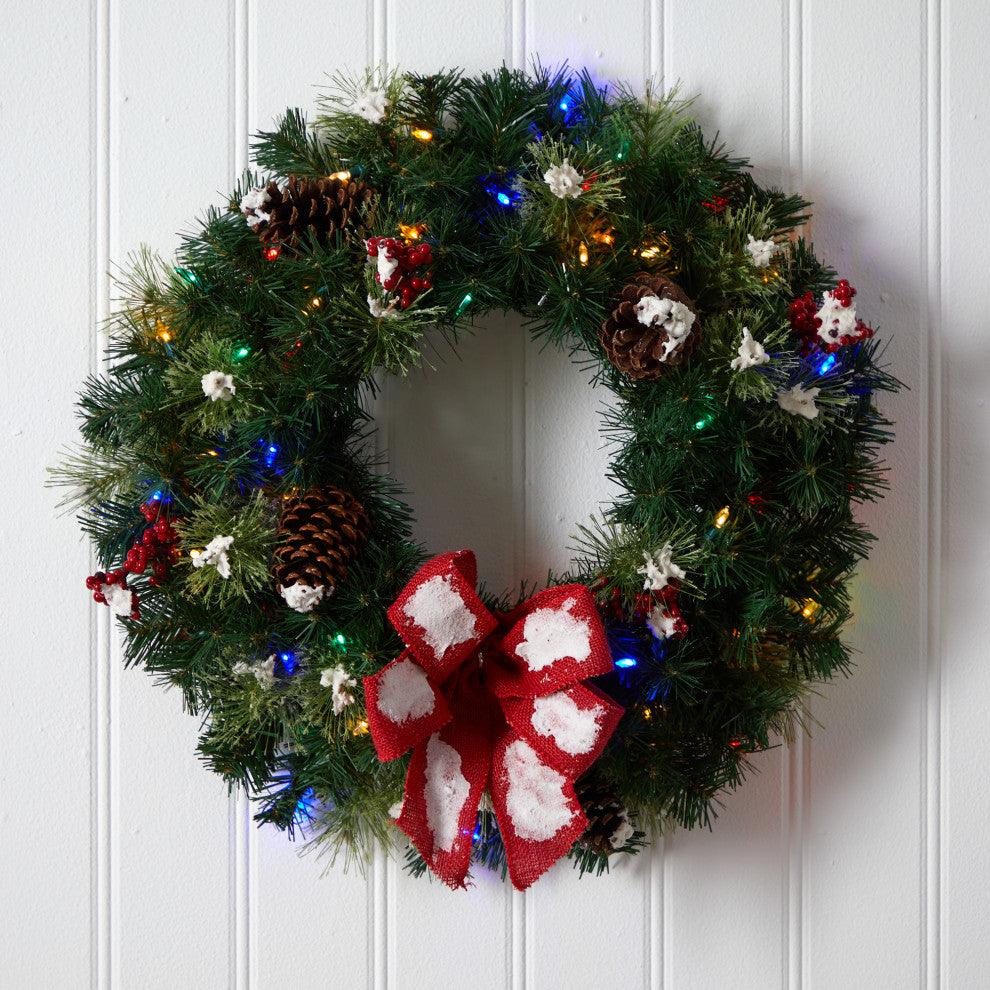 24" Snow Tipped Berry and Pinecone Faux Wreath With Bow and 50 LED Lights
