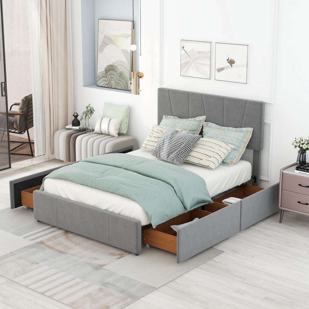 Gewnee Full Size Upholstery Platform Bed with Four Drawers on Two Sides in Grey