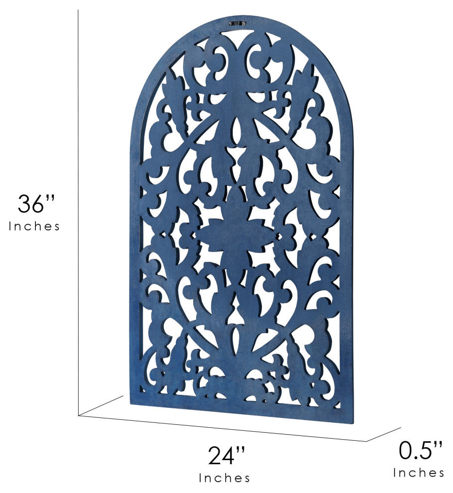 Hand-Carved Arched Navy Blue Wood Wall Accent Medallion - 24" x 36"