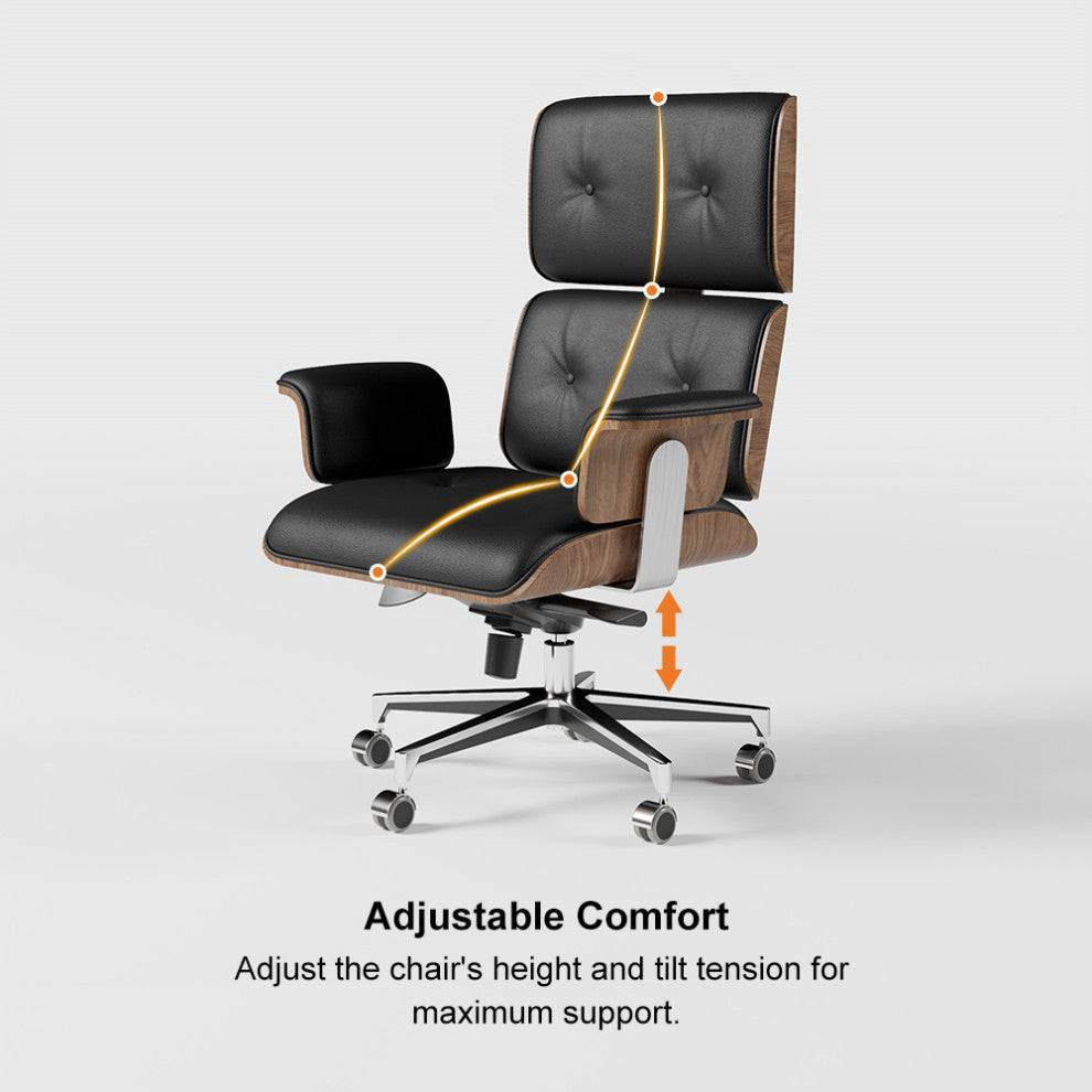 Black Home Office Chair Swivel Upholstered Wooden Desk Chair Adjustable Height, Black