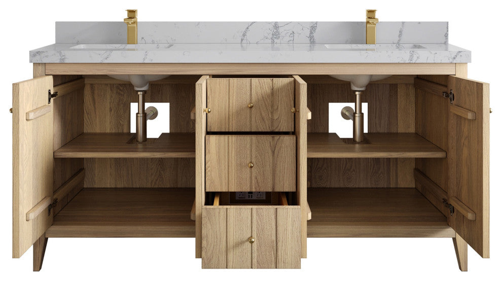 Atlanta Oak 72" Double Sink Bath Vanity, White 2" Venatino Quartz