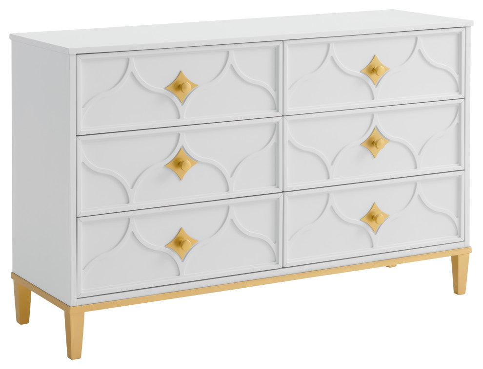 Emma 6-Drawer Dresser, White and Gold