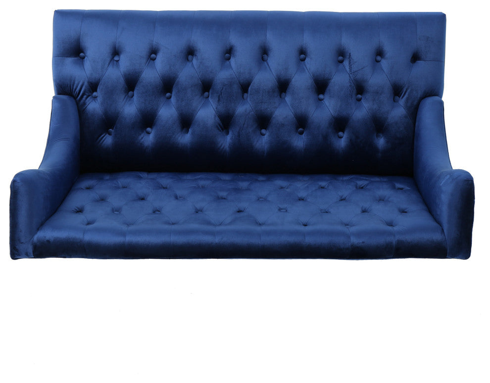 GDF Studio Leona Traditional High Back Tufted Winged Fabric Loveseat, Navy Blue