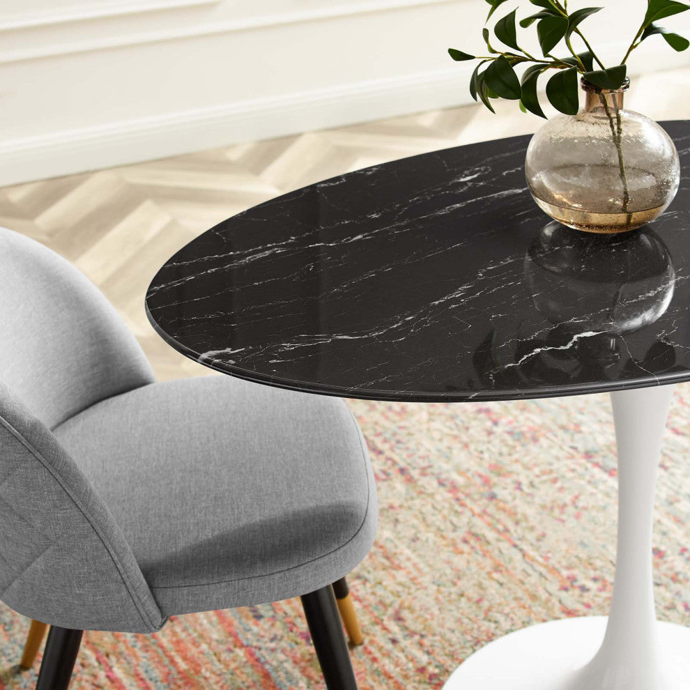 48" Dining Table, Oval, Black White, Artificial Marble, Metal, Modern