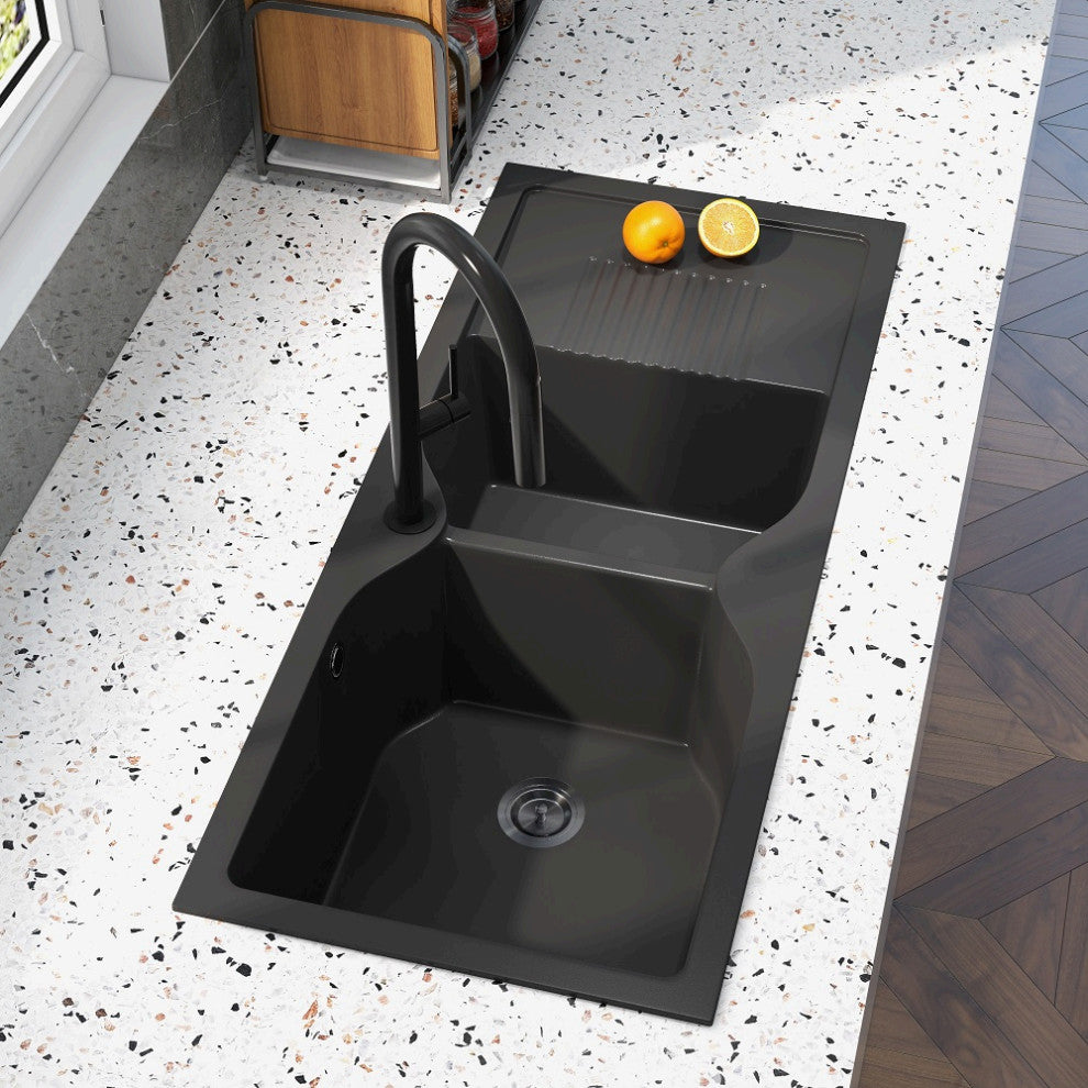 45" Black Quartz Kitchen Sink Double Bowl Drop-In Sink with Drain Board