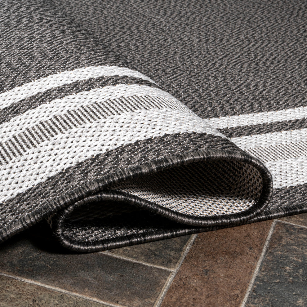 James Modern Border Stripe Indoor/Outdoor Area Rug, Black/Cream, 3x5