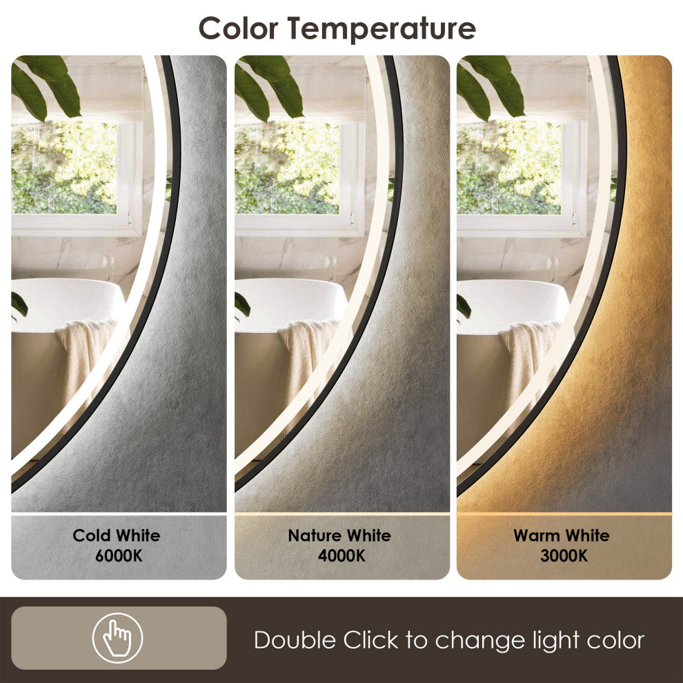 Palme Round Framed Bathroom/Vanity LED Lighted Wall Mirror, Matte Black, 32"