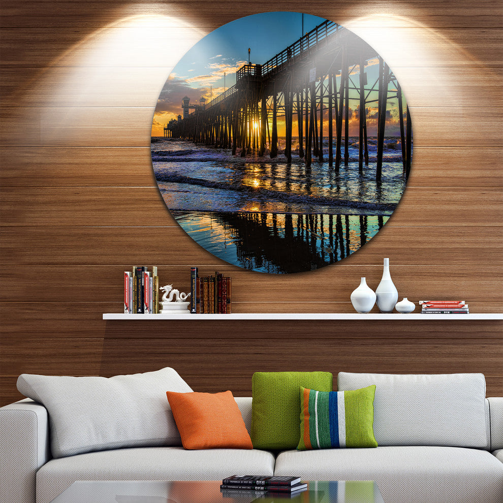 Oceanside Pier At Evening, Landscape Photo Round Wall Art, 23"