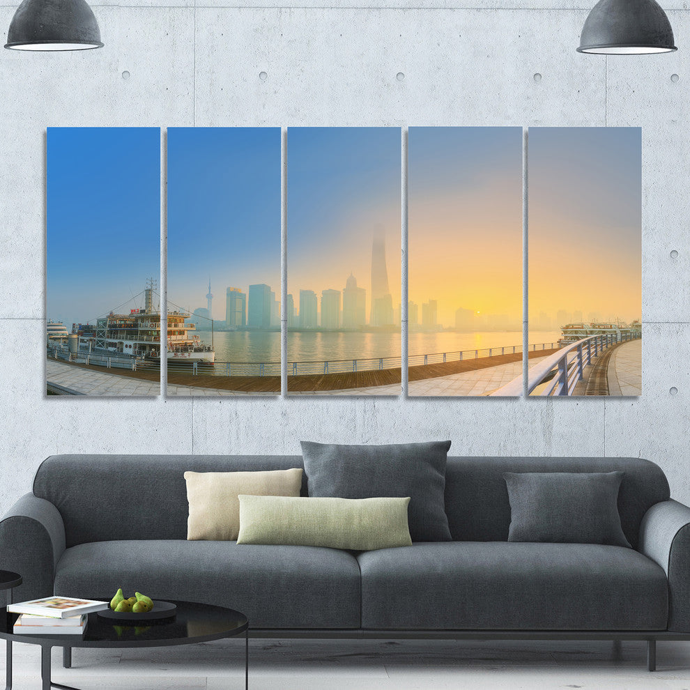 Shanghais Night with Lights, Cityscape Canvas Art Print, 60"x28", 5 Panels