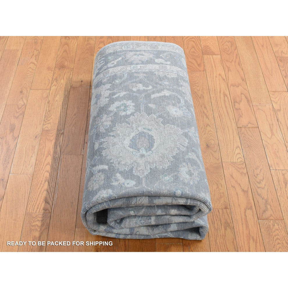 Battleship Gray Hand Knotted Oushak Influence Pure Silk and Wool Rug 6'1"x8'9"