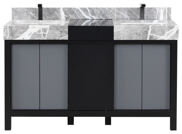 Zilara 55" Black and Grey Double Vanity, Balzani Gun Metal Faucet Set