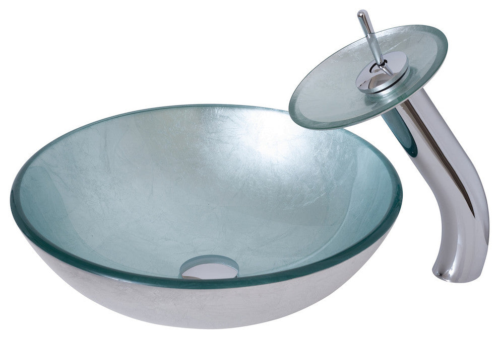 Argento Round Silver Foiled Glass Vessel Bath Sink Combo with Faucet and Drain, Chrome