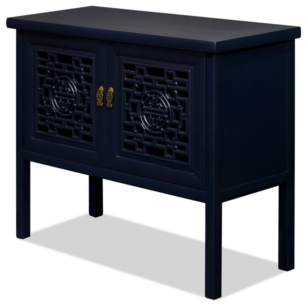 Navy Blue Elmwood Chinese Longevity Motif Cabinet with Lattice Doors
