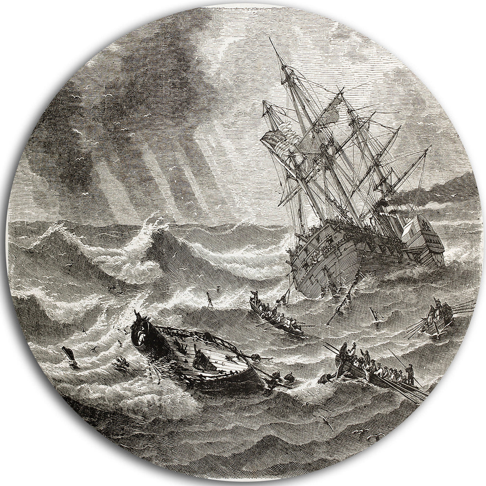 Vintage Shipwreck, Seascape Painting Round Wall Art, 23"